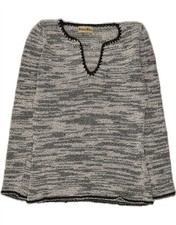 PENNY PULL maglione donna scollo a V maglione UK 12 grigio medio cotone maculato AF16