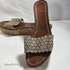 Sandali con zeppa Tory Burch margherita oro pelle metallizzata slide sughero taglia 9,5 M