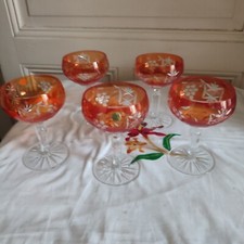 Cinque Antiche Coppe Da Champagne Cristallo Sfaccettato Arancione Decoro Di Con