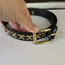 1980’s Omega Black Black Leather Belt Gold Chain Hardware Size Small