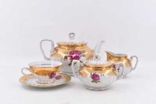 Servizio Da Tè Ceramica High Quality Dorato 4 Persone + Lattiera Teiera Zuccher