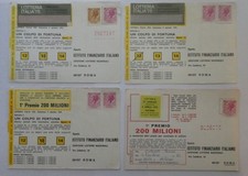 4 biglietti lotteria Italia 1975 affrancatura 40-30 lire siracusana