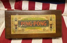 Antico set da ping pong vintage anni 30 Parker Brothers orig. Scatola in legno da ping pong
