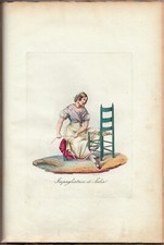 ANTICA STAMPA INCISIONE DIPINTA A MANO COSTUMI 1800 ROMA IMPAGLIATRICE DI SEDIE