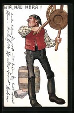 Cartolina artistica mastro birraio con sgabello pronto a difendersi 