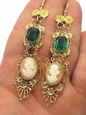 Orecchini Smeraldo cammeo conchiglia stile Vittoriano Argento 925 Oro 18 Kt Rame