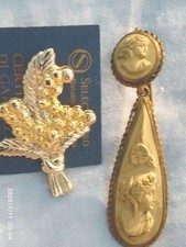LOTTO BIJOUX VINTAGE 1 PINS PLAC. ORO 24 KT E 1 ORECCHINO PIETRA LAVICA, ANTICO 