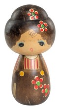 Bambola vintage creativa giapponese Kokeshi di Tomio ragazza floreale Showa Sosaku 14 cm