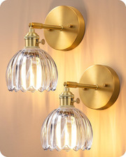 Applique da parete vintage set di due, lampada da parete ottone oro con vetro tulipano trasparente