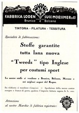 PUBBLICITA' 1931 LODEN MOESSMER DOLOMIT TWEEDS BRUNICO BOLZANO MERANO REGNO 