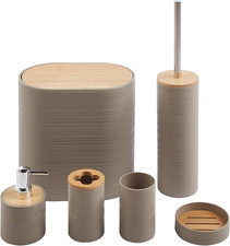 Set Completo Accessori Bagno 6 Pezzi Design Moderno in Plastica E Bambù Incluso 