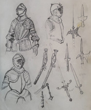 Antico disegno originale ritratto di cavaliere del XIX secolo, schizzi di spade