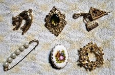 Lotto 6 spille DA DONNA Dorate Porcellana Con Swarovski bigiotteria vintage