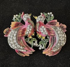 Spilla Duetto Uccellini del Paradiso Smaltata Coro Rosso Rosa Verde