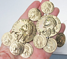Grandi orecchini etruschi traforati tono oro pendenti 5 monete romane finte vintage anni 80