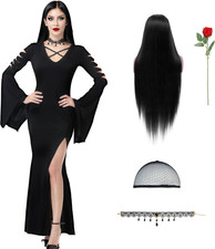 Costume Halloween Donna, Morticia Addams Costume Con Parrucca Collana Rosa, Vest