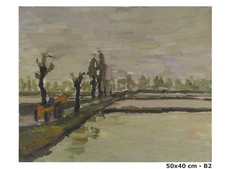 PAESAGGIO DELLA CAMPAGNA DI VERCELLI RISAIE DIPINTO AD OLIO SU TAVOLA FIRMATO B2