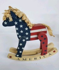 Cavallo a Dondolo Vintage Legno Giocattolo Decorazione America Rosso Bianco Blu 8" Patriottico