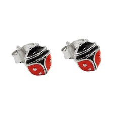 Paio di Orecchini Coccinella 7x6mm Rosso-Nero Smaltato 925 Argento Bambino