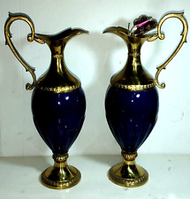 COPPIA BOTTIGLIE IN VETRO BLU COBALTO E METALLO DORATO VUOTE DELLA STOCK VINTAGE