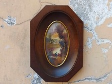 MINIATURA OVALE VINTAGE DIPINTA A MANO OLIO SU RAME PANORAMA BUCOLICO AUTUNNALE