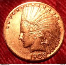 ORO STATI UNITI AMERICA RARO 10 DOLLARI INDIANO 1908 SEGNO DI ZECCA "S" SPL
