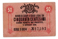 CASSA VENETA  - BANCONOTA DI OCCUPAZIONE DA 50 CENTESIMI DEL 1918 SPLENDIDA