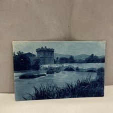 CARTOLINA PICCOLA BIANCO NERO VINTAGE COLORE BLU DEL 1916- TORRE ,PONTE E NATURA