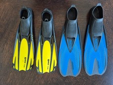 4 PINNE: 2 SEAC blu 36/37 + 2 MARES gialla 31/33; snorkeling mare nuoto
