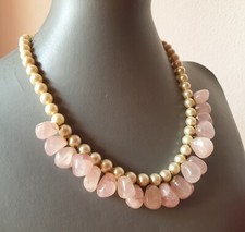 ???COLLANA DONNA PIETRE DURE  PETALI DI QUARZO ROSA NATURALE PERLE DI MAIORCA