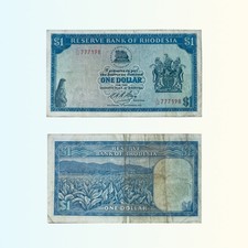 1974 RHODESIA (ZIMBABWE) 1 DOLLARO RHODESIANO BANCONOTA ARMI/AGRICOLTURA DOLLARO AFRICA