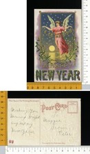 V2059] BUON ANNO NUOVO ANGELO VESTITO ROSSO CON CAMPANE - RILIEVO