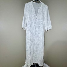 Maxi abito donna caftano cotone ricamato bianco morbido contorno piccolo