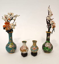 ♥ LOTTO 4 MI VASI IN CLOISONNE MADE IN CHINA CON FIORI IN PIETRA VINTAGE VASETTI