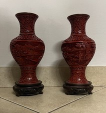 Vasi Cinesi Coppia Lacca Rossa Con Scene E Paesaggi  Orientali