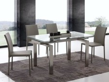 TAVOLO IN CRISTALLO ALLUNGABILE 80X140/200 GAMBE ACCIAIO SATINATO SPAZZOLATO 672