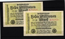 Ro 105a 10 Mio Mark 1923 FZ:YZ  BZ:28  2 Scheine gleiche KN und BZ !!!