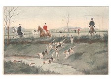 antica cartolina Primi '900 donna uomini cavalli cani caccia alla volpe