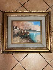 Quadro vintage su tela paesaggio marino con cornice dorata legno 72x62cm Mare