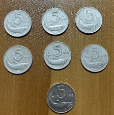 Raro Lotto 7 Monete 5 Lire Delfino 1953 1954 1955 1985