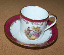 Tazza e piattino Limoges demitasse Minstrel & Lady porcellana rossa e oro c43728