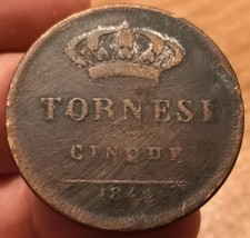 Moneta 5 Tornesi 1842, Due Sicilie Ferdinando II, Estremamente Rara R4, Rif.8224