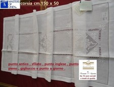 Centro tavolo striscia  lino ricamo a mano sfilato punto antico ecc.  150 x 50