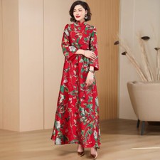 Abito lungo donna rosso stile cinese nuovo stampa sciolta floreale lusso abiti nuovi