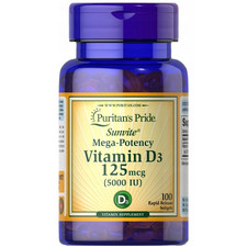 Vitamina D3 125 mcg (5000 UI) 100 Capsule Morbide a Rilascio Rapido Puritans