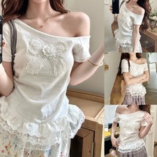 T-shirt donna spalle scoperte fiocco pizzo slim manica corta casual moda top