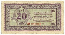 20 LIRE BANCA PER L'ECONOMIA ISTRIA FIUME LITTORALE SLOVENO 1945 MB+