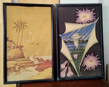 set 2 QUADRI su stoffa PAESAGGIO e FLOREALE   cm 46x74  arte orientale