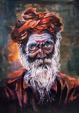 original acrylic portrait indian old man in turban eastern oriental painting
