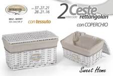 2 CESTINI VIMINI CON COPERCHIO RIV TESSUTO BAGNO SALOTTO PORTA OGGETTI 37-28 CM